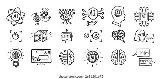 Artificial Intelligence Icons grunge chalk hand drawn doodle Brush set. Outline AI drawing crayon . Vector illustration