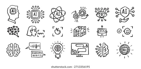 Artificial Intelligence Icons grunge chalk hand drawn doodle Brush set. Outline AI drawing crayon . Vector illustration