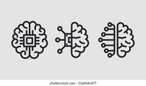 Artificial Intelligence icons. Human brain with processor, chip icons isolated on grey background. . Icons for web design, app interface. Vector illustration