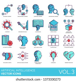 Artificial intelligence icons including blackbox, reinforcement, supervised, cognition, sensorimotor skills, expert system, multi agent, application, pattern recognition, neural network, research.