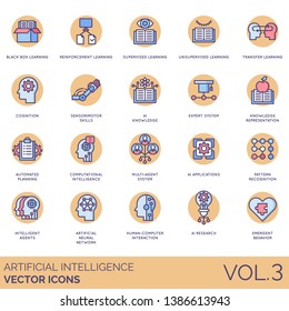 Artificial intelligence icons including blackbox learning, reinforcement, supervised, unsupervised, transfer, cognition, sensorimotor skills, ai knowledge, expert system, representation, recognition.