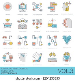 Artificial intelligence icons including graphene, brain machine, eyetap augmentation, conversational interface, computational, driverless car, language processing, black box, cognition, sensorimotor.