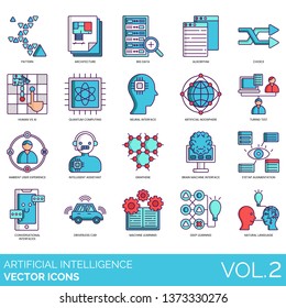 Artificial intelligence icons including pattern, architecture, big data, algorithm, human vs ai, quantum computing, neural interface, noosphere, turing test, graphene, eyetap augmentation, language.