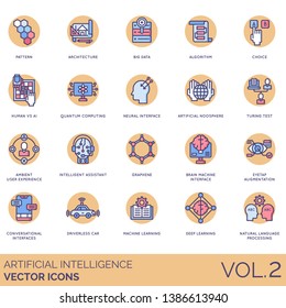 Artificial intelligence icons including pattern, architecture, big data, algorithm, choice, human vs ai, quantum computing, neural interface, noosphere, turing test, ambient user experience, graphene.