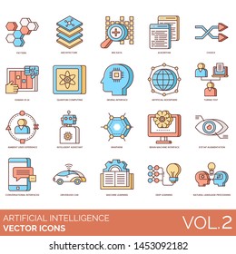 Artificial intelligence icons including pattern, big data, algorithm, quantum computing, noosphere, turing test, graphene, brain machine, eyetap augmentation, driverless car, deep learning, processing