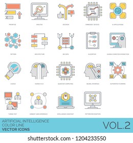 Artificial intelligence icons including prioritize, device, application, architecture, big data, algorithm, interaction, human vs ai, quantum computing, neural interface, turing test, user experience.