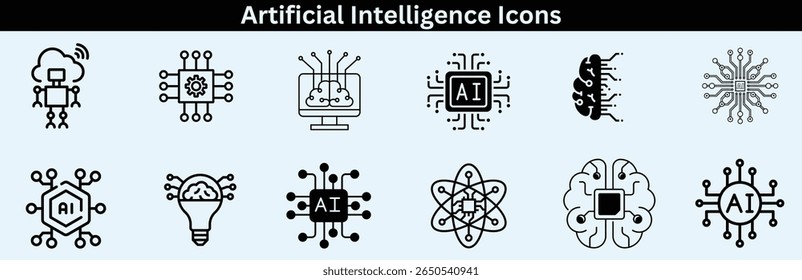 Artificial Intelligence Icons Machine Learning Neural Networks Deep Learning Robotics Automation Digital Transformation Smart Technology Cognitive Computing Data Science Algorithm