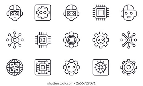Ícones de inteligência artificial representando ideias mecânicas e intelectuais robô e ícones de engrenagem definidos no estilo de contorno