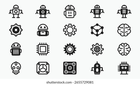 Ícones de inteligência artificial representando ideias mecânicas e intelectuais robô e ícones de engrenagem definidos no estilo de contorno