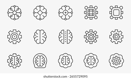 Artificial intelligence icons representing mechanical and intellectual ideas robot and gear icons set in outline style