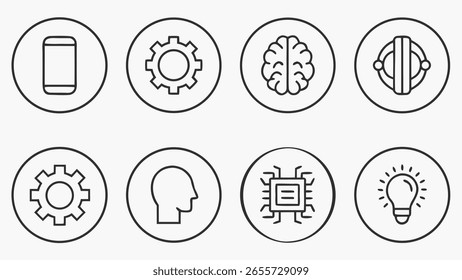 Ícones de inteligência artificial representando ideias mecânicas e intelectuais robô e ícones de engrenagem definidos no estilo de contorno