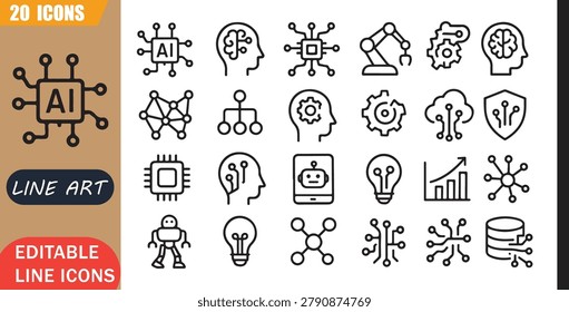 Artificial intelligence icons set, 20 editable line art icons set, ai artificialintelligence machinelearning, automation technology innovation, digital future smart, data theme style, clean vector