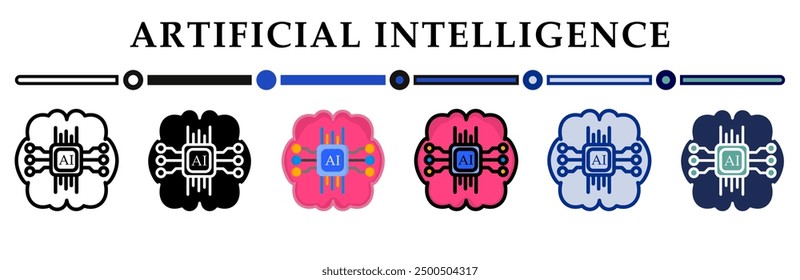 Icons für künstliche Intelligenz. 6 Verschiedene Stile. Für Zeichen, Symbole, Elemente, Präsentationen, Infografiken oder Webgrafiken. Vektorgrafik.