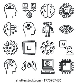 Artificial Intelligence Icons Set. AI Robot Line Style Vector