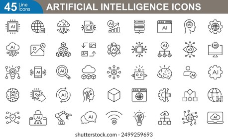 Conjunto de iconos de inteligencia artificial. IA, aprendizaje automático, automatización, ciencia de datos, tecnología, innovación, robótica, tecnología del futuro y más. Ilustración vectorial.