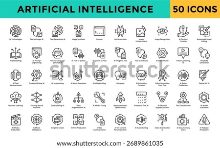 Artificial Intelligence icons set with ai technologies, text to image ai, text generation ai, image synthesis, prompt, art generation, image enhancement, image recognition icon. Simple line vector 
