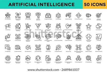 Artificial Intelligence icons set with ai virtual reality, ai based virtual characters, vr game design, immersive experiences, ai augmented reality, ai 3d modeling icon. Simple line vector 
