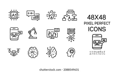 Artificial intelligence icons set. Big data, machine vision and learning, voice and face recognition. Pixel perfect, editable stroke