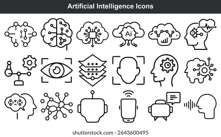 Artificial Intelligence Icons Set Black Line Art vector