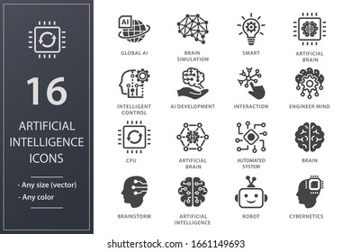 Artificial intelligence icons. Set of brain, robot, ai, head, technology and more.