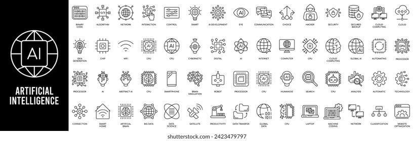 Iconos de inteligencia artificial. Conjunto de cerebro, robot, ai, icono de cabeza
