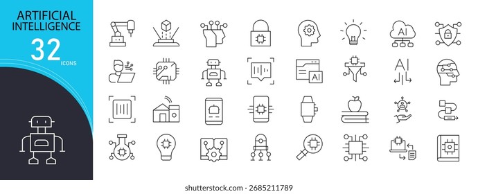 Iconos de inteligencia artificial con símbolos de cerebro, robot, chip, algoritmo, datos, automatización, red neuronal, máquina, aprendizaje e innovación. Estilo de contorno, perfecto para proyectos tecnológicos y digitales.