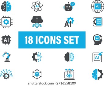 Conjunto de iconos de inteligencia artificial: cerebro, robot, chip y conceptos de red. conjunto de iconos de aire 
Con cerebros, robots, chips y otros símbolos relacionados con la inteligencia artificial