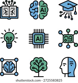 Ícones de inteligência artificial definir cérebro robô lâmpada chip graduação livro circuito árvore cabeça humana