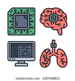 artificial intelligence icons set = chip, brain, computer, lungs. Perfect for website mobile app, app icons, presentation, illustration and any other projects