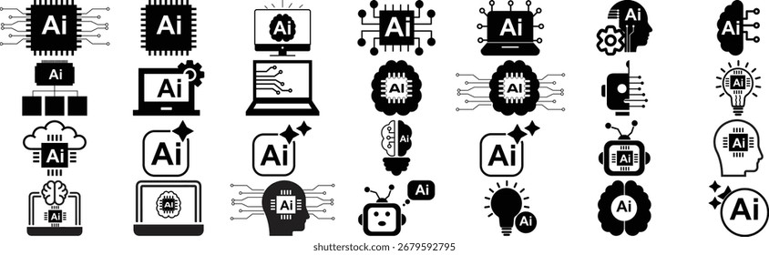 Conjunto de iconos de inteligencia artificial con chips, cerebro y símbolos de Tecnología