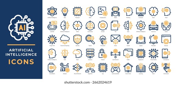 Artificial Intelligence icons set collection. Featuring machine learning, robotics, smart devices, neural networks, and automation. Perfect for tech, innovation, software, and futuristic .