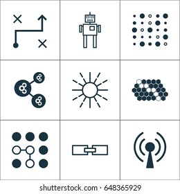 Artificial Intelligence Icons Set. Collection Of Hive Pattern, Variable Architecture, Related Information And Other Elements. Also Includes Symbols Such As Brightness, Toy, Regulation.