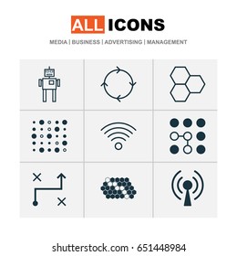 Artificial Intelligence Icons Set. Collection Of Recurring Program, Wireless Communications, Cyborg And Other Elements. Also Includes Symbols Such As Hive, Wifi, Network.