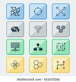 Artificial Intelligence Icons Set. Collection Of Analysis Diagram, Hive Pattern, Wireless Communications And Other Elements. Also Includes Symbols Such As Fan, Information, Pattern.