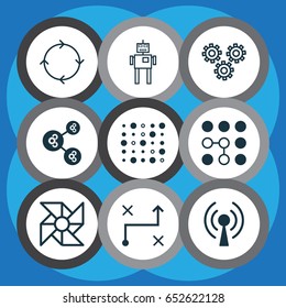 Artificial Intelligence Icons Set. Collection Of Mechanism Parts, Cyborg, Radio Waves And Other Elements. Also Includes Symbols Such As Variable, Prong, Fan.