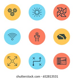 Artificial Intelligence Icons Set. Collection Of Controlling Board, Branching Program, Solution And Other Elements. Also Includes Symbols Such As Hive, Arrow, Data.