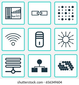 Artificial Intelligence Icons Set. Collection Of Hive Pattern, Lightness Mode, Wireless Communications And Other Elements. Also Includes Symbols Such As Data, Structure, Control.