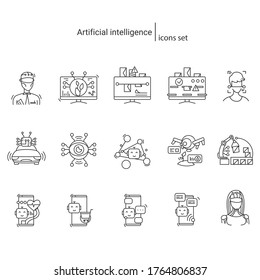 Artificial intelligence icons set. Digital technologies illustration pictograms for business, retail, transport, communication, agriculture, security and medicine. Editable stroke 