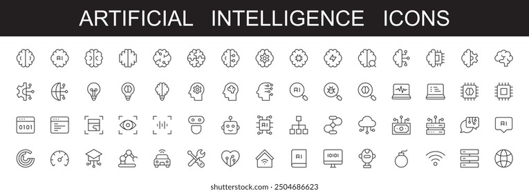 Artificial intelligence icons set . editable stroke . on white background . vector illustration, AI technology icons for web and mobile app. Machine learning, digital AI technology, algorithm