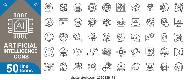 Artificial intelligence icons set. Featuring machine learning, neural networks, robotics, automation, and technology symbols and more Use. High quality vector illustration