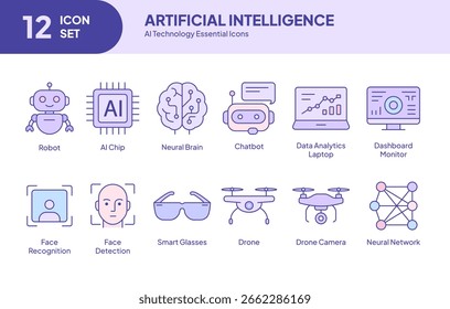 Conjunto de iconos de inteligencia artificial en Vector plano Paquete de símbolos de Tecnología de IA: Robot, red neuronal, dron, aprendizaje automático.
