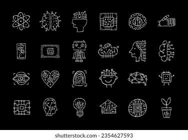 Artificial intelligence, icons set. Hand drawn design elements for your design
