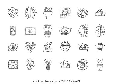 Artificial intelligence, icons set. Hand drawn design elements for your design