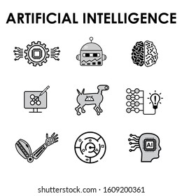 Artificial Intelligence icons set. Illustrations for website and social media: Algorithm, Deep Learning, Neural Networks, AI, Autonomous, Cybernetics, Robotics. Vector design icons collection.