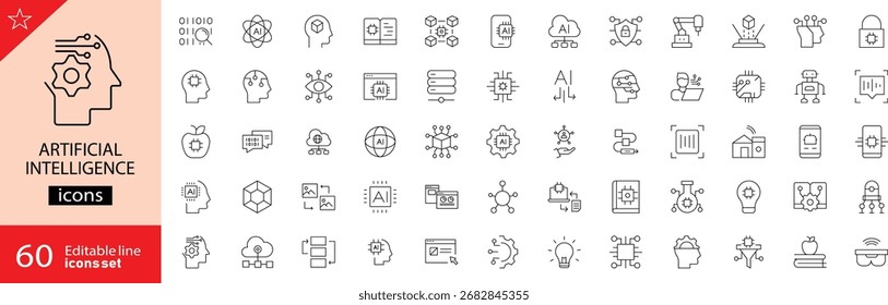 Artificial intelligence icons set. Includes symbols of machine learning, neural networks, automation, robots, data analysis, algorithms, and innovation. Editable stroke. Vector illustration.	