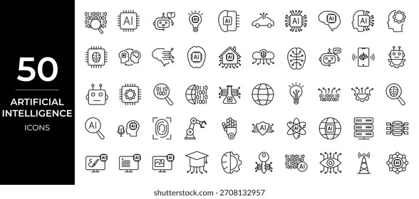 Ícones de Inteligência Artificial definidos no estilo de linha. Neural, rede, automação, tecnologia, virtual, aprendizagem, assistente, máquina, robô, bot, cérebro e muito mais.