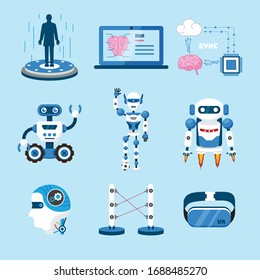 Artificial intelligence icons set with robot laptop and keyboard flat isolated vector illustration