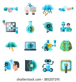 Artificial intelligence icons set with robot laptop and keyboard flat isolated vector illustration 