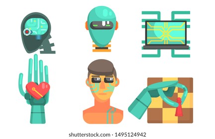 Artificial Intelligence Icons Set, Robotic Cybernetic Technology Objects Vector Illustration
