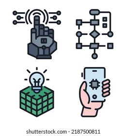 artificial intelligence icons set = robotic arm, algorithm, cube, smartphone. Perfect for website mobile app, app icons, presentation, illustration and any other projects